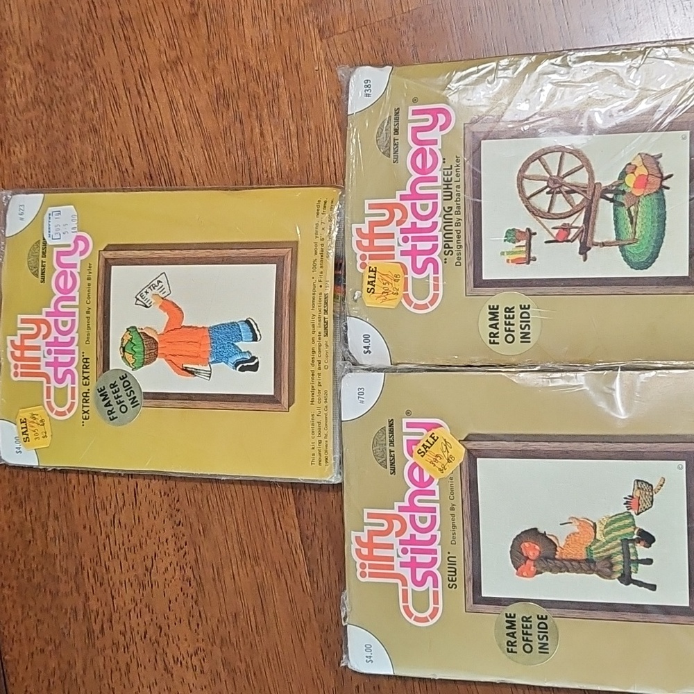 3 Vintage Jiffy stitchery 70's Embroidery Crewel Kits NOS Sunset Designs